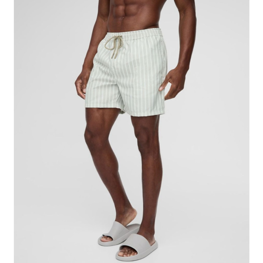 Men's BoohooMAN Striped Swim Trunks M Light Green Beige